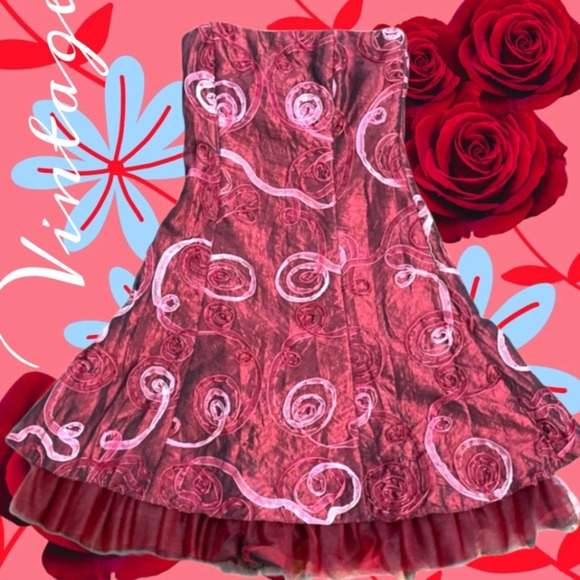 JESSICA MC CLINTOCK VINTAGE Strapless Burgundy Pink Red A Line Cocktail Dress 2 - Picture 1 of 12